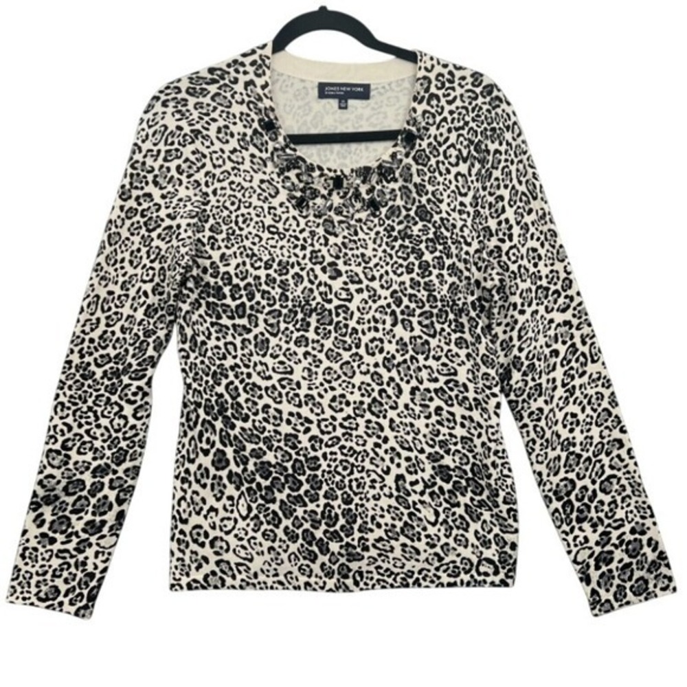 Jones New York Sweater M Black White Cheetah Leopard Embellished Gems Bling Luxe